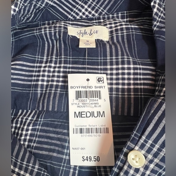 STYLE & CO boyfriend plaid blue long sleeve navy blue -white button down shirt/M - Picture 9 of 9